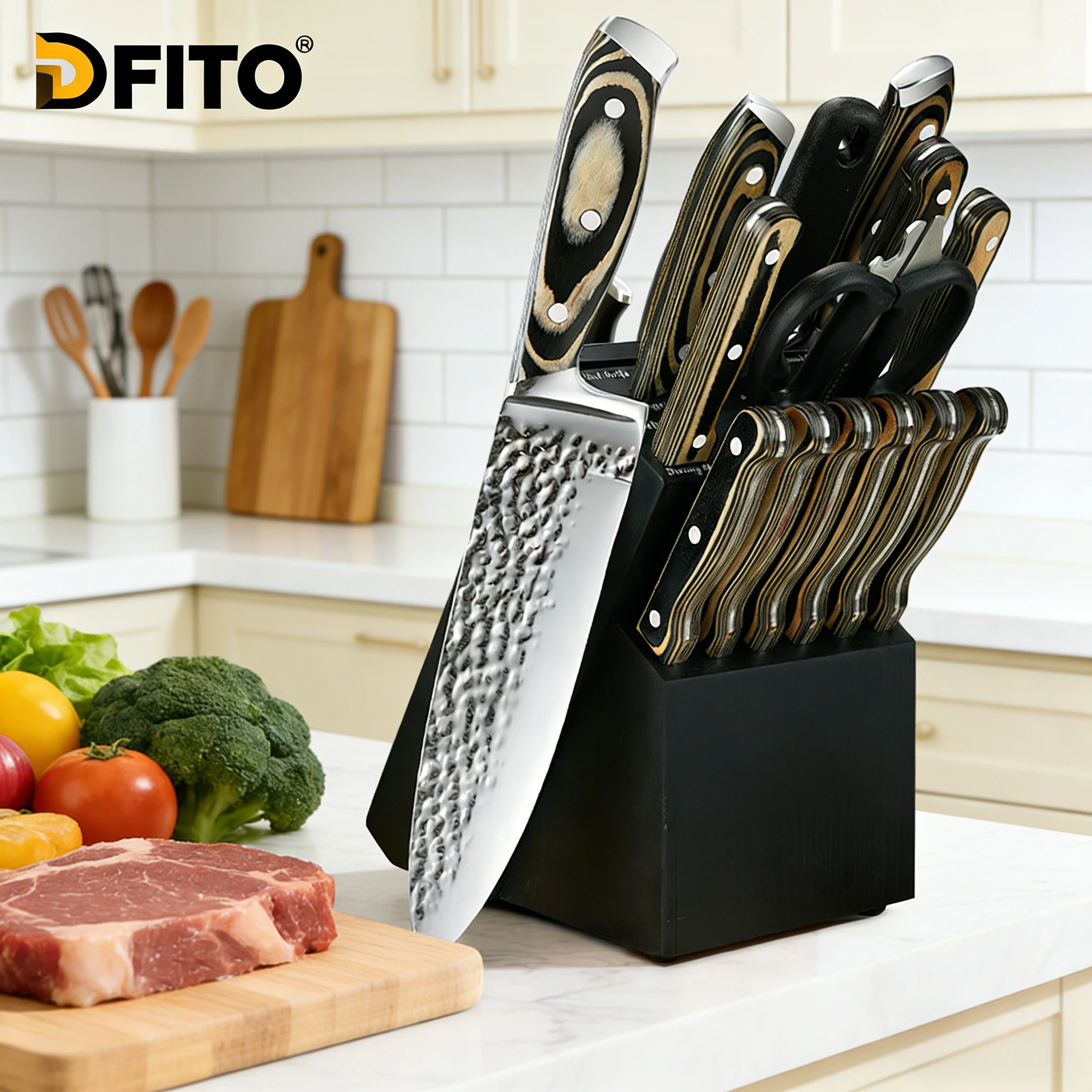DFITO 15-teiliges Küchenmesser-Set mit schwarzem Block, 3Cr13 Stahl ultrascharfe Klingen für Fleisch/Obst/Gemüse, perfekt zum Kochen, Geschenkidee Image