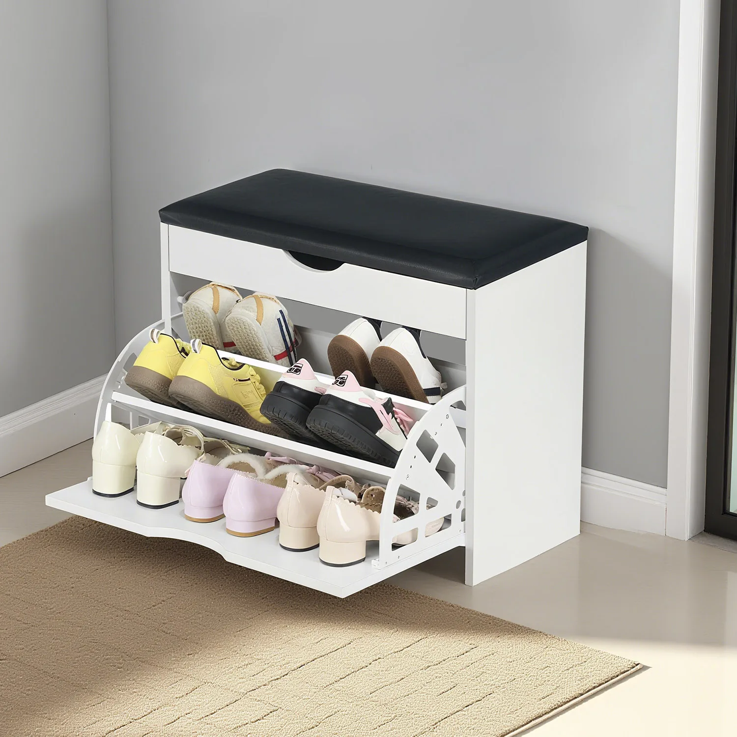 Schuhschrank schmal mit Sitzbank, Schuhkipper mit Flip-Schubladen, Schuhregal 60cm Wohnzimmer bis 140kg für 10-12 Paar Schuhe