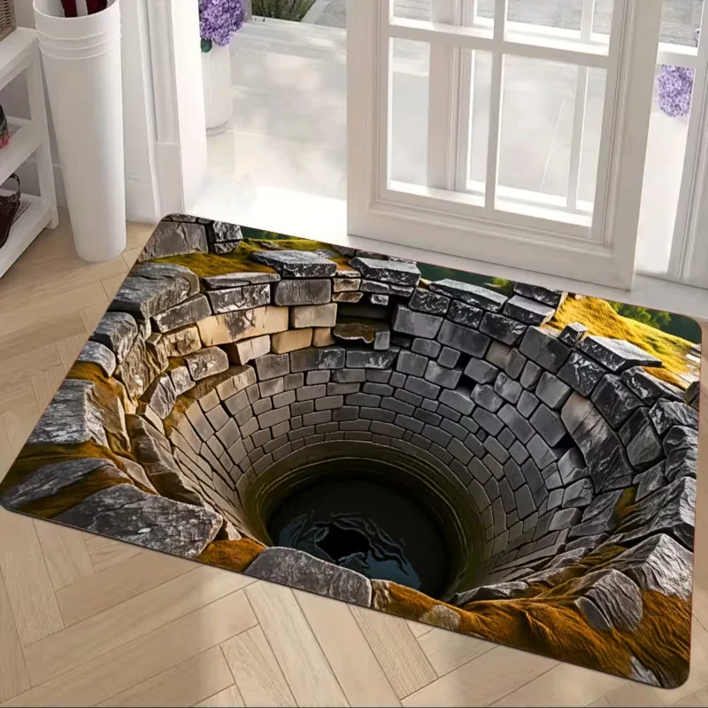 3D-Illusion Antike Brunnen-Fußmatte Realistische Steinstruktur Weiche Rutschfeste Bodenmatte Innen- und Außenbereich Heimdekoration Eingangsteppich Image