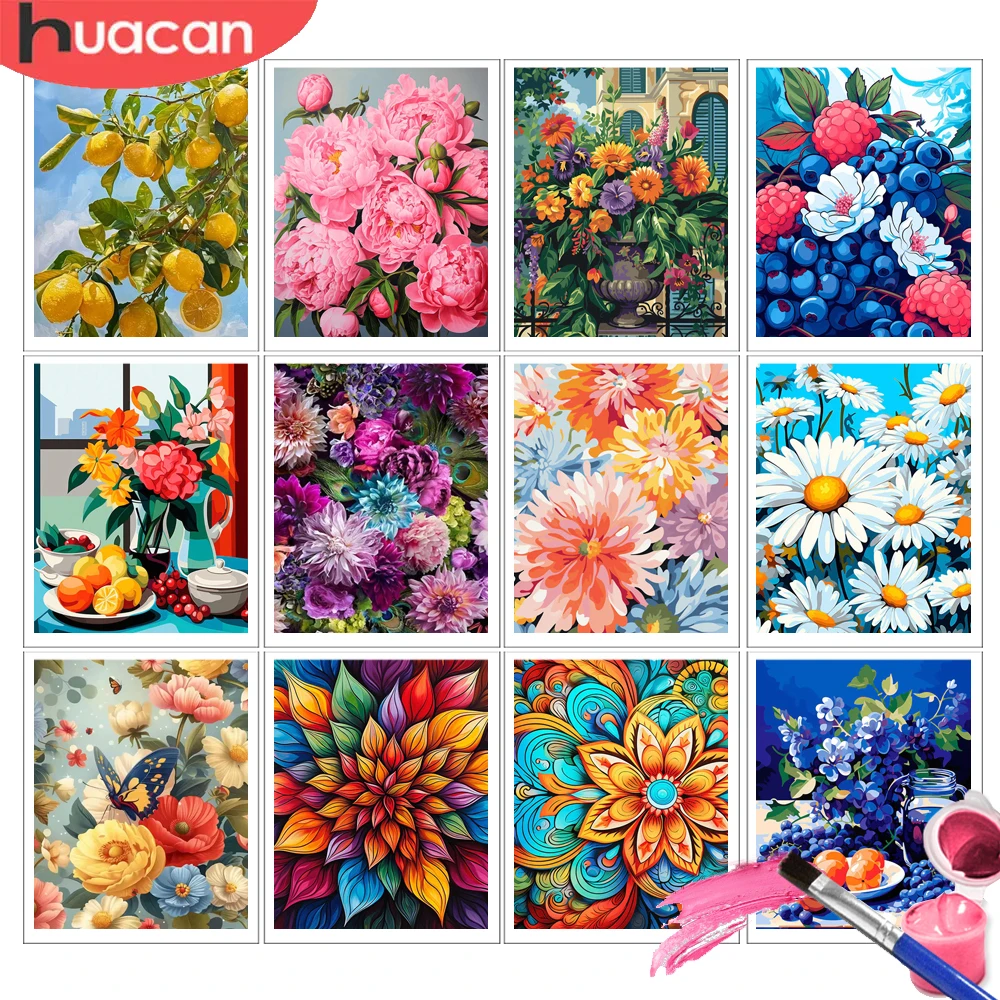 HUACAN Malen nach Zahlen, Obst- und Blumen-Malsets, handgemalte Bilder zur Heimdekoration, Ölfarben, bunte Leinwand, Küche, Blumenmotiv Image