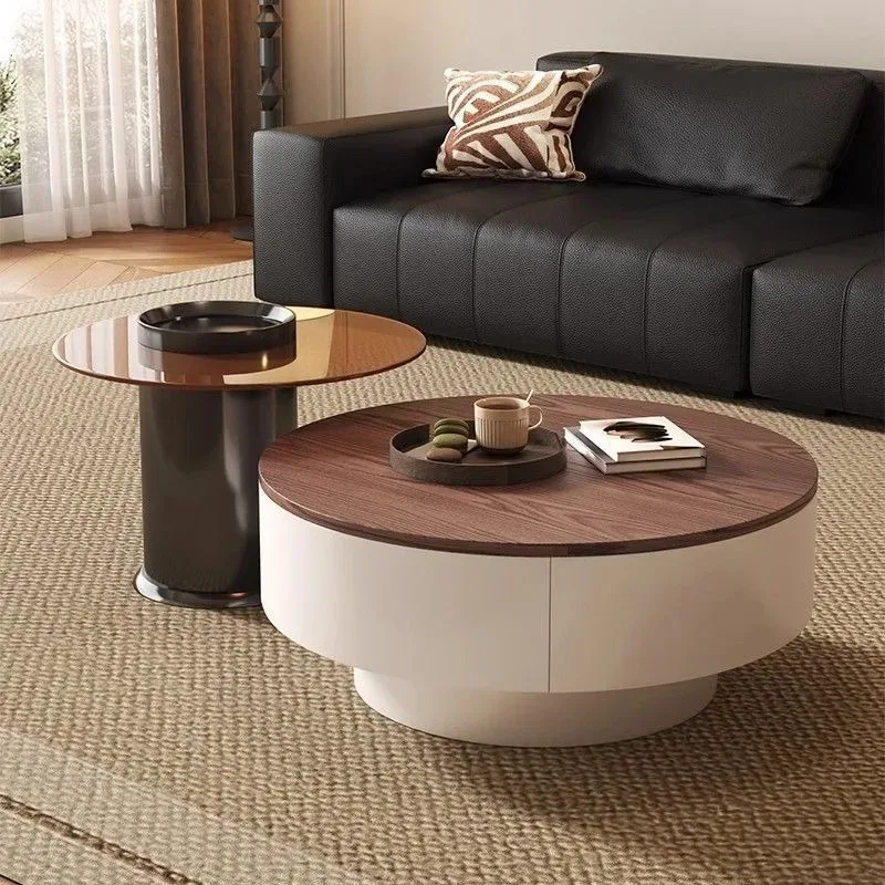 Leichter, luxuriöser, moderner, neuer, kreativer Couchtisch aus Massivholz für das Wohnzimmer, rund, mit Stauraum