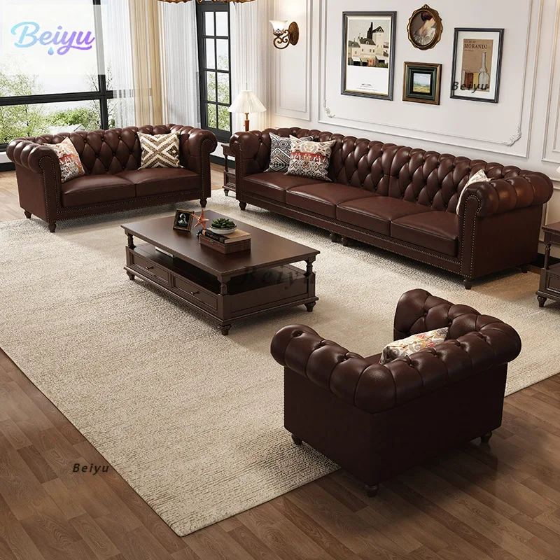 Amerikanische Retro-Möbel, Ölwachs-Ledersofa, kleine Wohnung, gerade Reihe, braun, mittlerer und alter Stil, erste Schicht Rindsleder, also