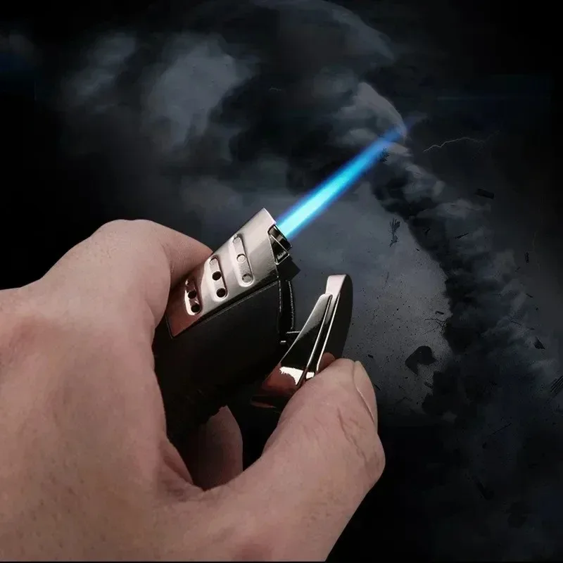 EHRLICHES Metall-Butan-Gas-Feuerzeug, verstellbar, blaue Flamme, Turbinen-Fackel, winddicht, sichtbares Kraftstofffenster, Zigarren-Werkzeug, Outdoor, Grillen, Camping Image