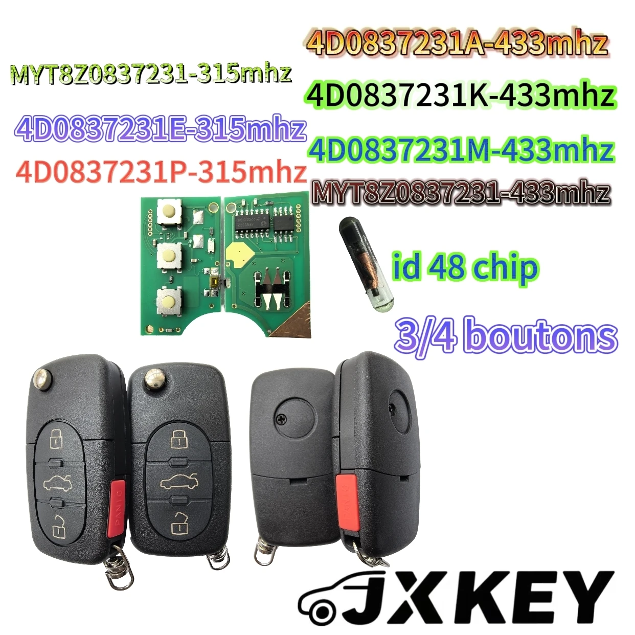 JXKEY 4D0837231A/E/M/K/P/N MYT8Z0837231 315/433MHZ 48 Chip Für Audi A3 A4 A6 A8 TT RS4 Quattro 1994 - 2004 Auto Fernbedienung Flip Schlüssel Image