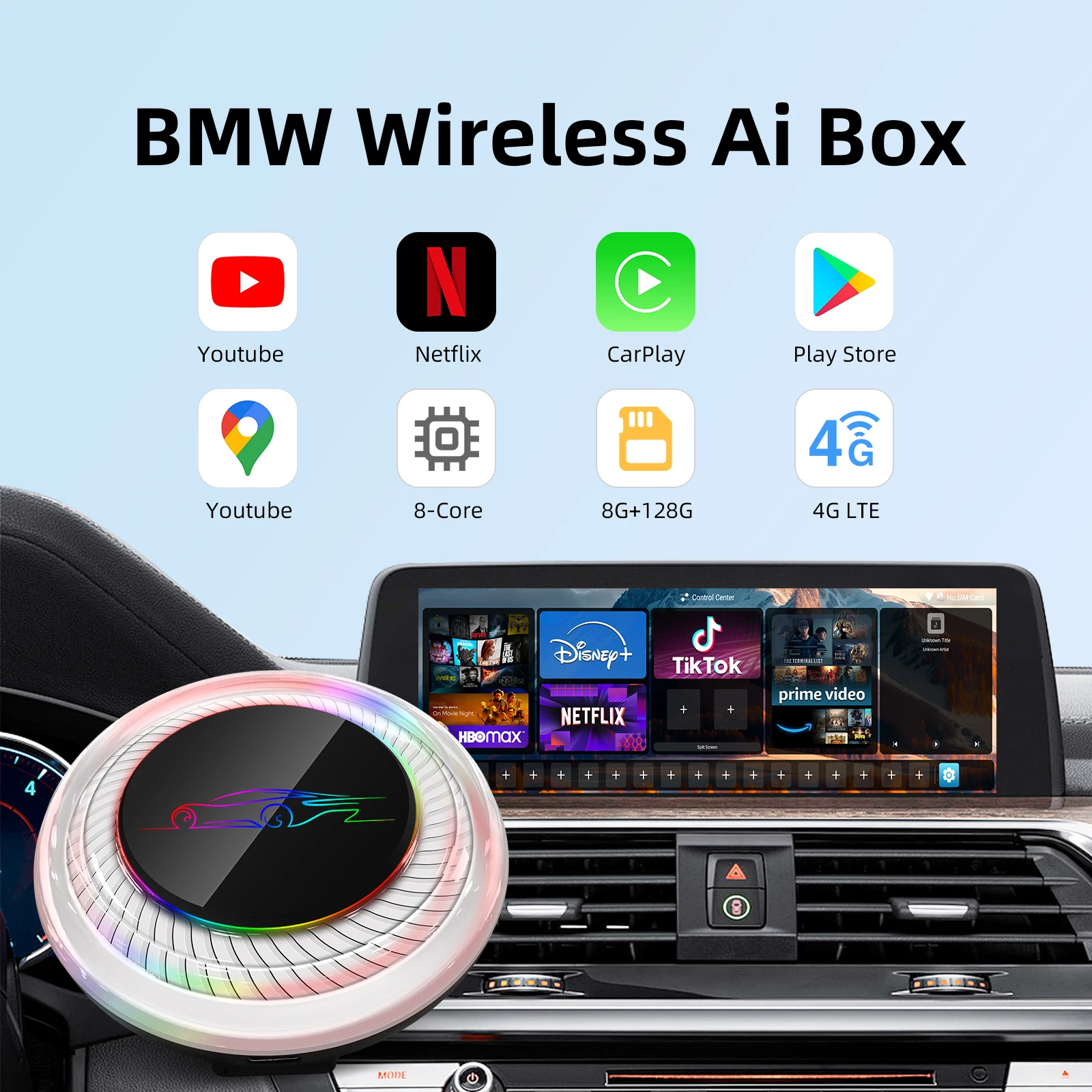 Drahtlose KI-Box für BMW oder andere Autos mit drahtlosem CarPlay-System, 8 GB RAM, 128 GB ROM, Dual WiFi, unterstützt 4G-SIM-Karte Image