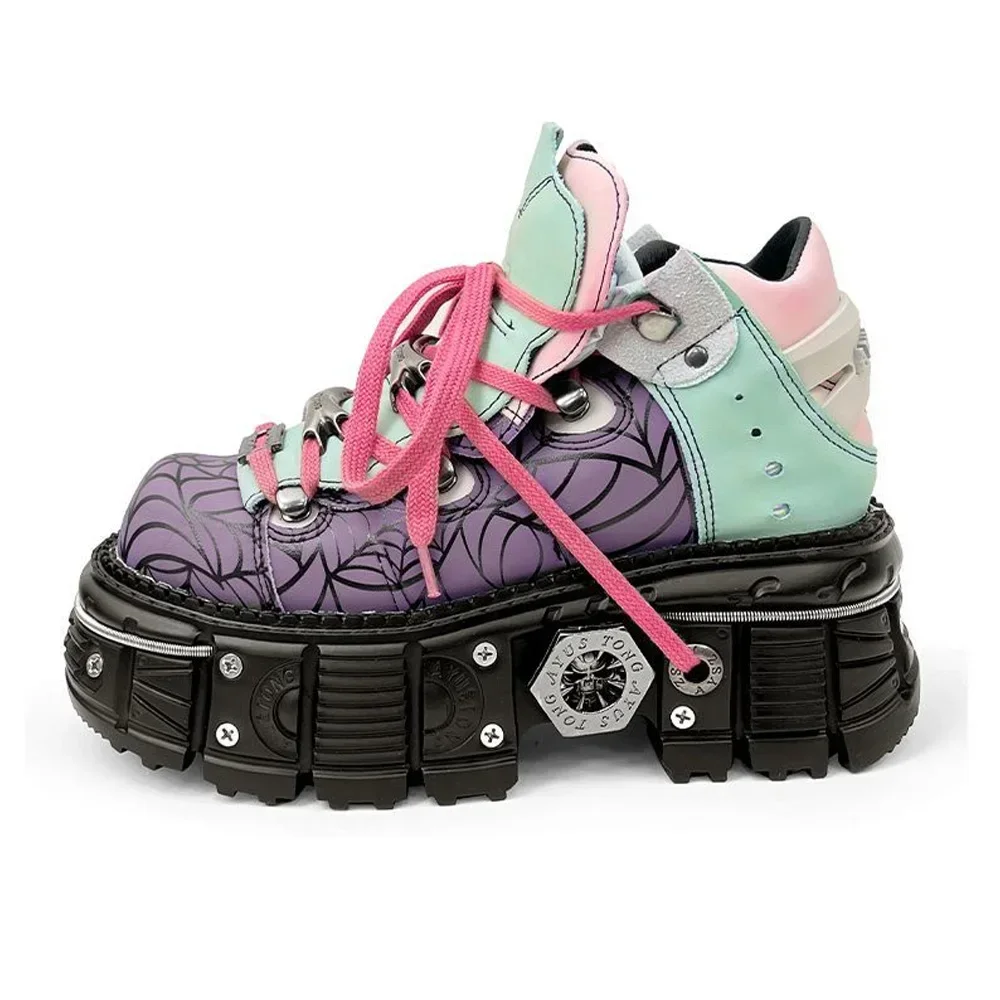 Fashion Echtes Leder frauen Motorrad Stiefel Rock Punk Metall Chunky Ferse Neue Casual Schuhe Runde Kappe 7CM Plattform stiefeletten