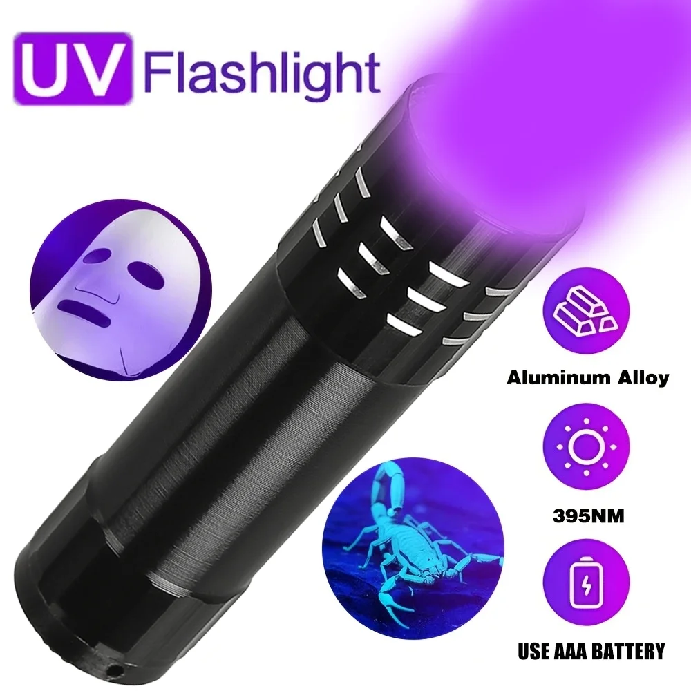 395 nm UV-Taschenlampen, Schwarzlicht, UV-Licht, UV-Taschenlampe zur Erkennung von Haustieren, Aureerkennung, Aushärtung, Beleuchtung, Verwendung einer Taschenlampe mit 3 x AAA-Batterien Image