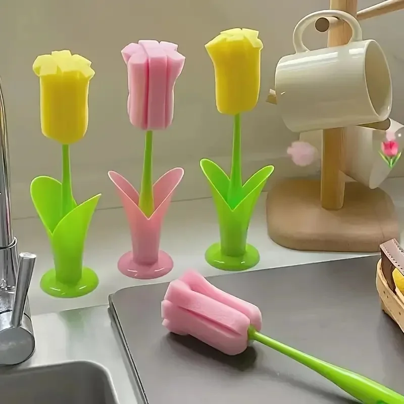 1 Stück Tulpenbecherbürste mit abnehmbarem Schwammkopf – Flaschen- und Glasreiniger mit langem Griff, robuster Kunststoff, ideal für den Küchengebrauch Image