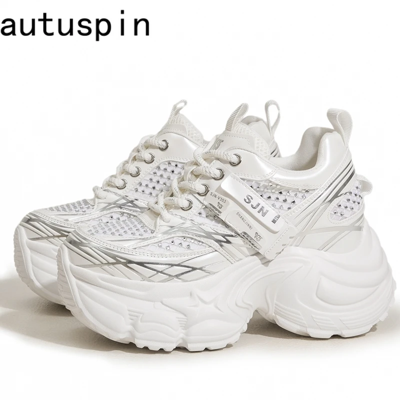 AUTUSPIN 9 cm weiße klobige Turnschuhe für Damen, Sommer, Herbst, glitzernde Strass-Schuhe für Mädchen, dicke Plattform-Schuhe, Größe 34–39