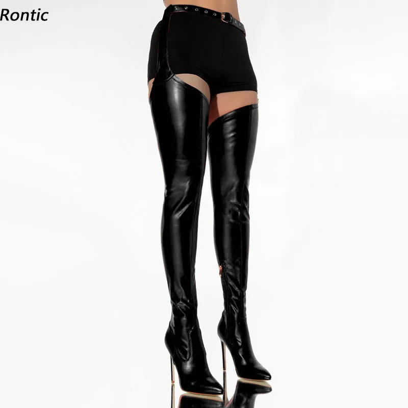 Rontic handgemachte Damen Frühling lange Stiefel Stretch-Stoff seitlicher Reißverschluss dünne High Heels spitze Zehen schwarz rot Party-Schuhe US-Größe 5-15