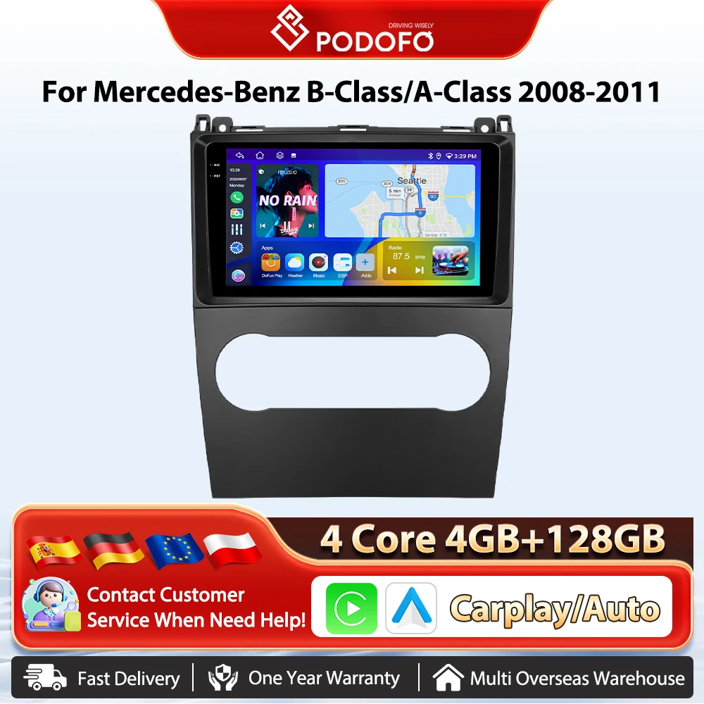 Podofo 8-Kern-Auto-Autoradio für Mercedes-Benz B-Klasse/A-Klasse 2008–2011, kabelloses CarPlay, Android-Auto, Multimedia-Stereo, WIFI, GPS Image