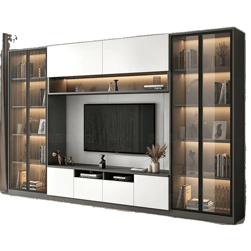 Leichter, luxuriöser, vom Boden bis zur Decke reichender TV-Schrank aus massivem Holz, integrierter Vollwand-TV-Hintergrund, TV-Schrank für das Wohnzimmer Image