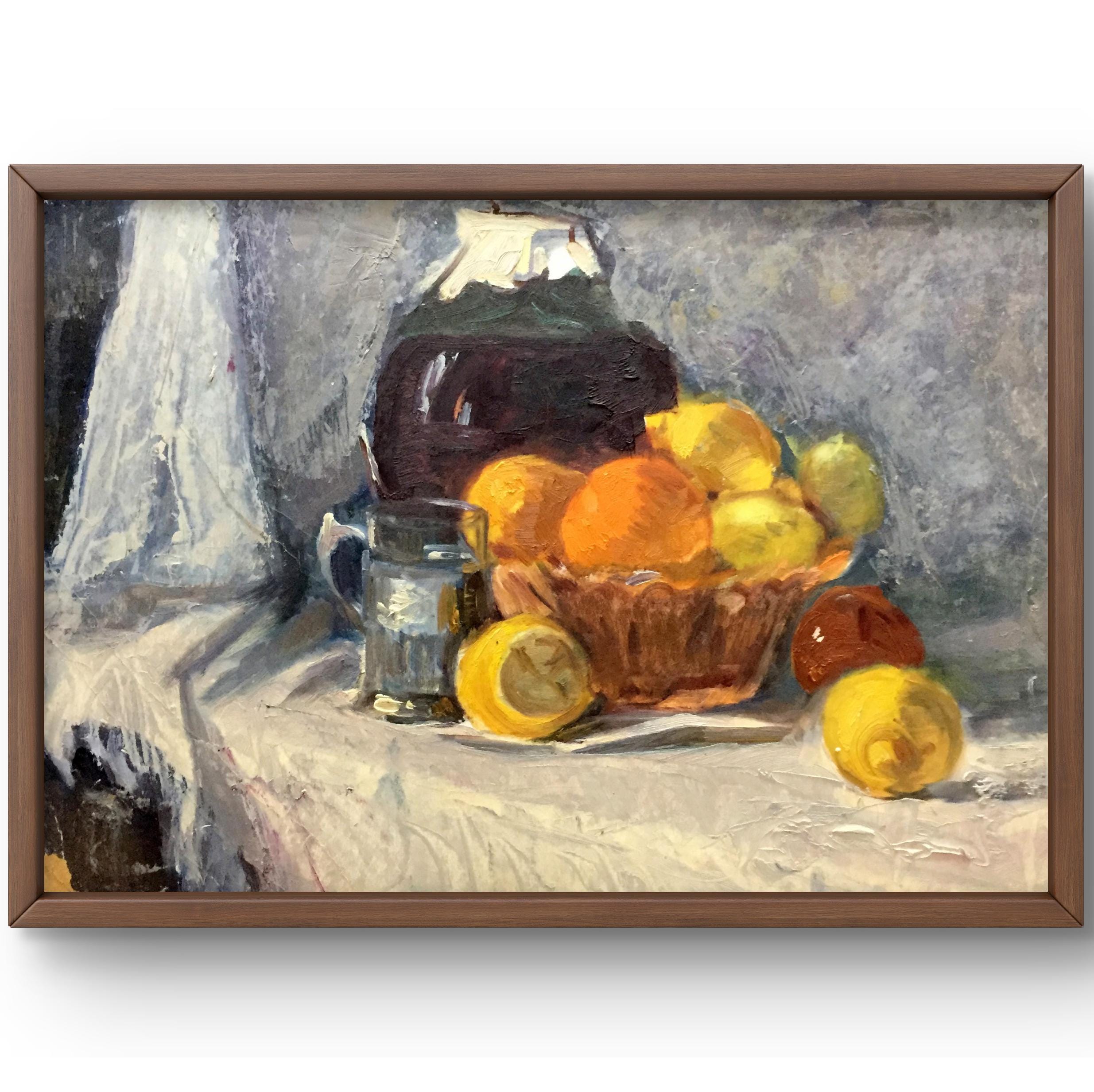 Dipinto a olio natura morta originale, dipinto a olio su cartone, disposizione luminosa di frutta in un cestino sul tavolo, opera d'arte fatta a mano,