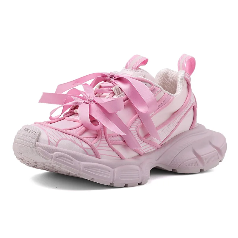 Erwachsene Mädchen Rosa Schmetterling Krawatte Turnschuhe Paar Outdoor Vintage Atmungsaktive Papa Schuhe Dicke Sohle 3XL Spitze Mesh Casual Schuh 35-40 Image