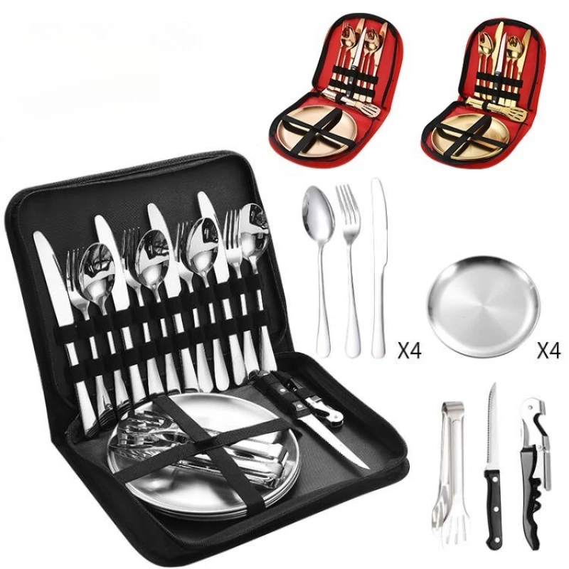 10/20 stücke Edelstahl Outdoor Besteck Set Camping Picknick Messer Gabel Löffel Platte Tragbare Leinwand Tasche Geschirr Set Image