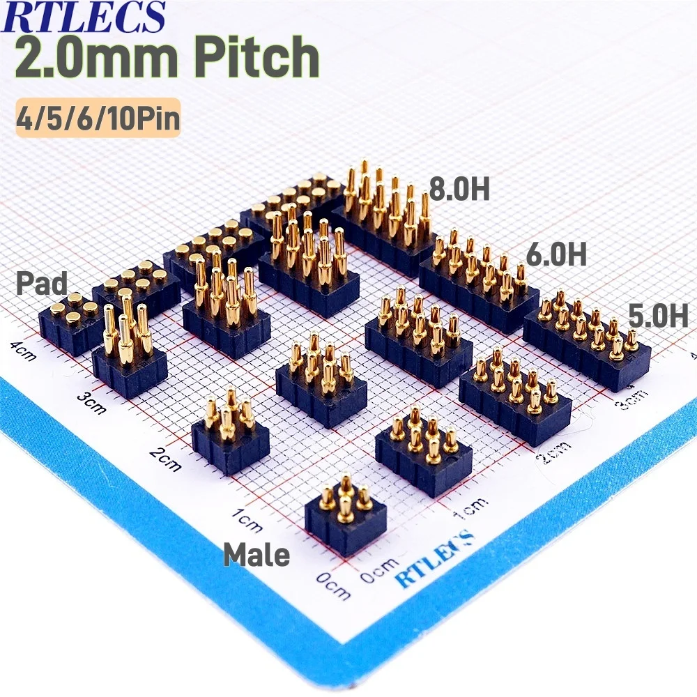 2/5 Stück federbelasteter Pogo-Pin-Stecker, männlich, 2,0 mm Rastermaß, 4, 6, 8, 10 Pin, 5, 6, 7, 8 mm Buchse, doppelte Reihen, Halterung, PCB, SMD, vergoldet Image