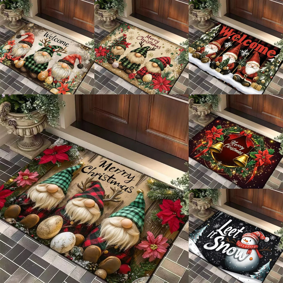 1 Stück Weihnachtsmann Schneemann Elf Weihnachten Fußmatte Festlicher rutschfester Eingangsteppich Urlaub Bodenmatte für Wohnzimmer Schlafzimmer Dekor Image