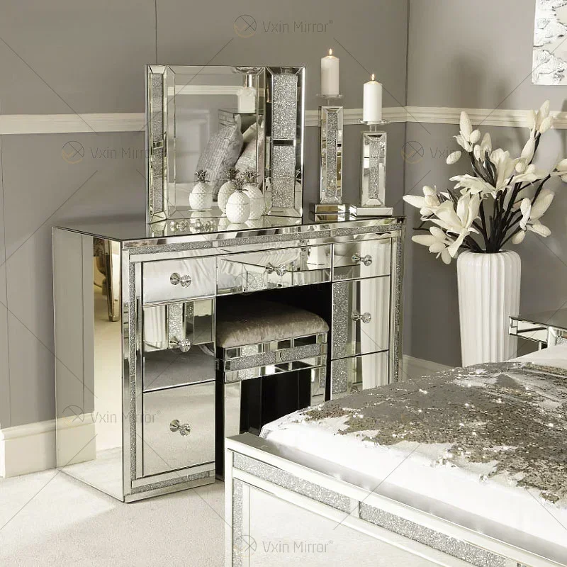 Crystal Shinny Mirrored Frame Decor Vanity Dresser Silber Glas Schminktisch für Schlafzimmermöbel