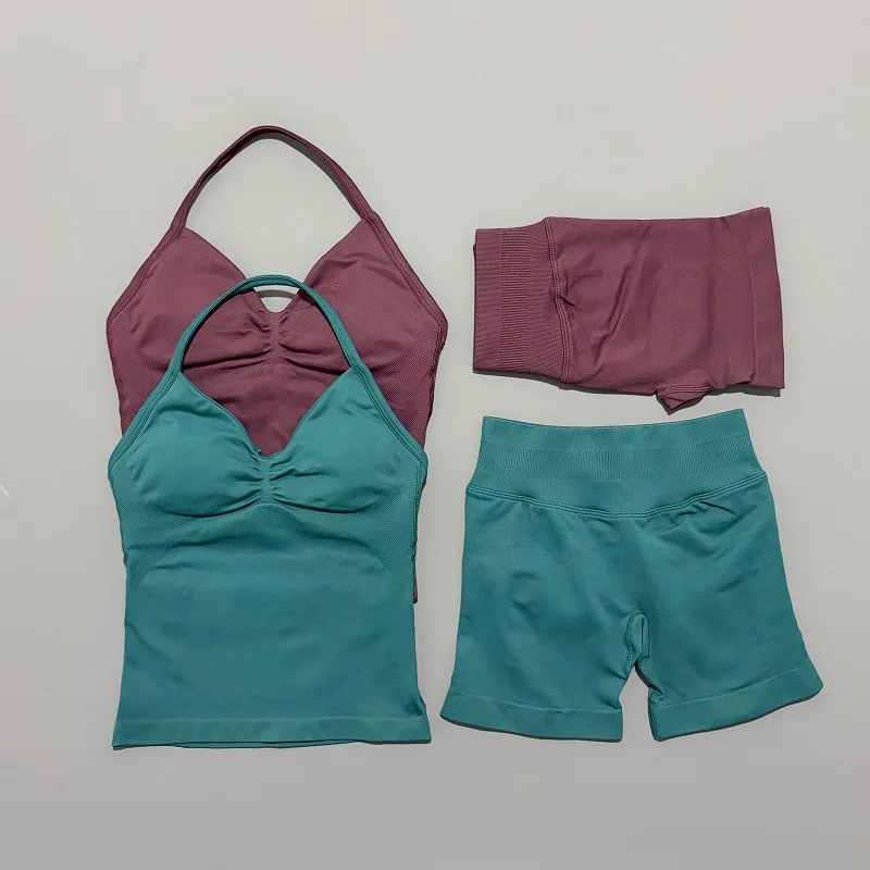 Ensemble de Yoga de sport 2 pièces pour femmes, débardeur de Yoga sans couture avec coussinets amovibles, haut froissé sur les fesses, Leggings d'entraînement, costume de sport