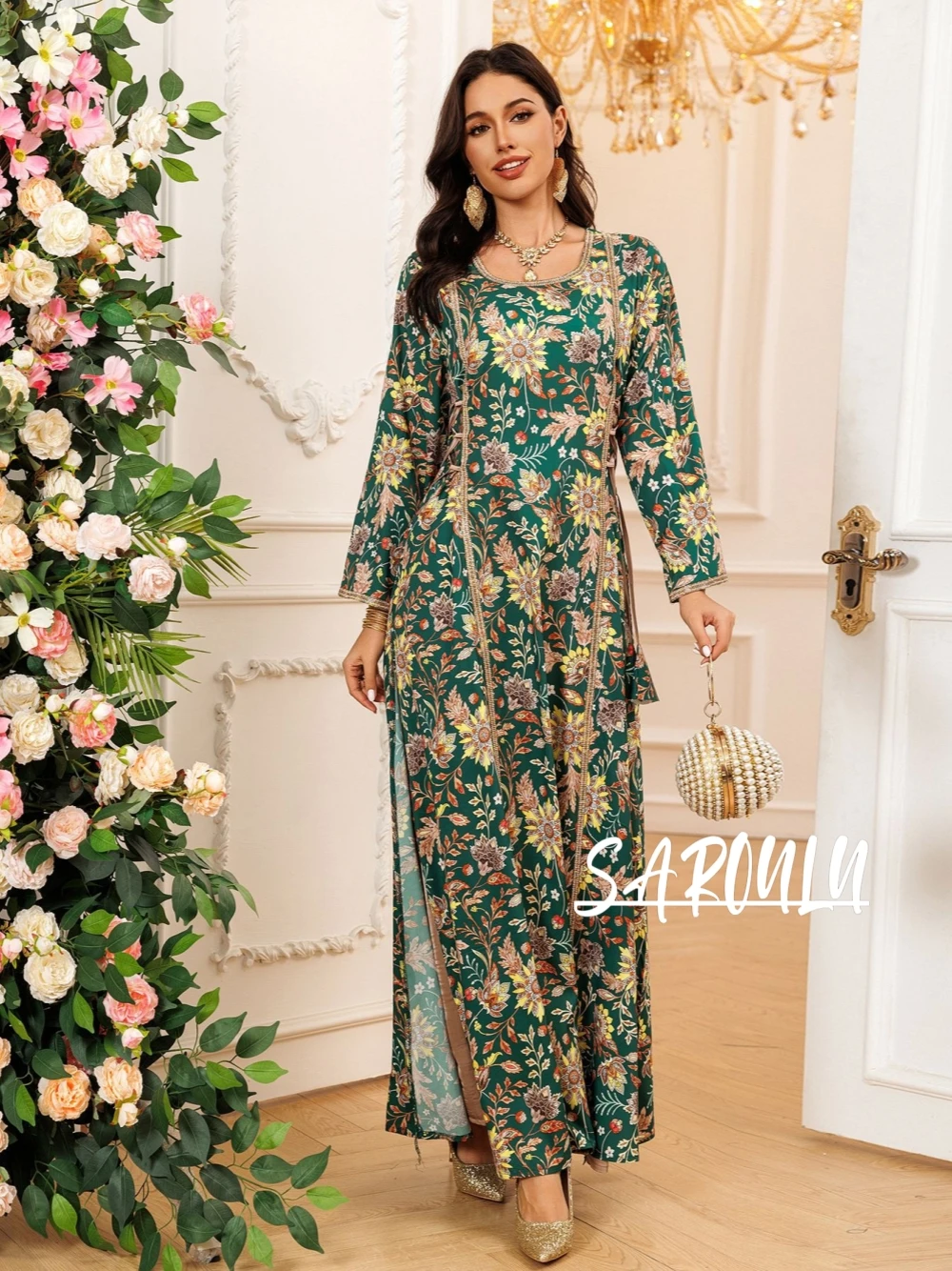 Abaya Druck Modest A-Linie Abendkleid Kaftan Promi Zarte Tanzparty Robe Klassische lange Ärmel Dubai Kristalle Kleid Image