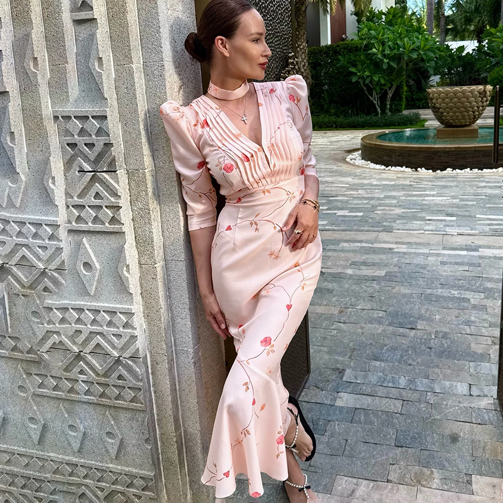 Tuularose Abito lungo elegante con scollo a V stampato Abito lungo femminile con fasciatura a vita alta Abito da festa sottile a contrasto Abito da sera con lacci da donna