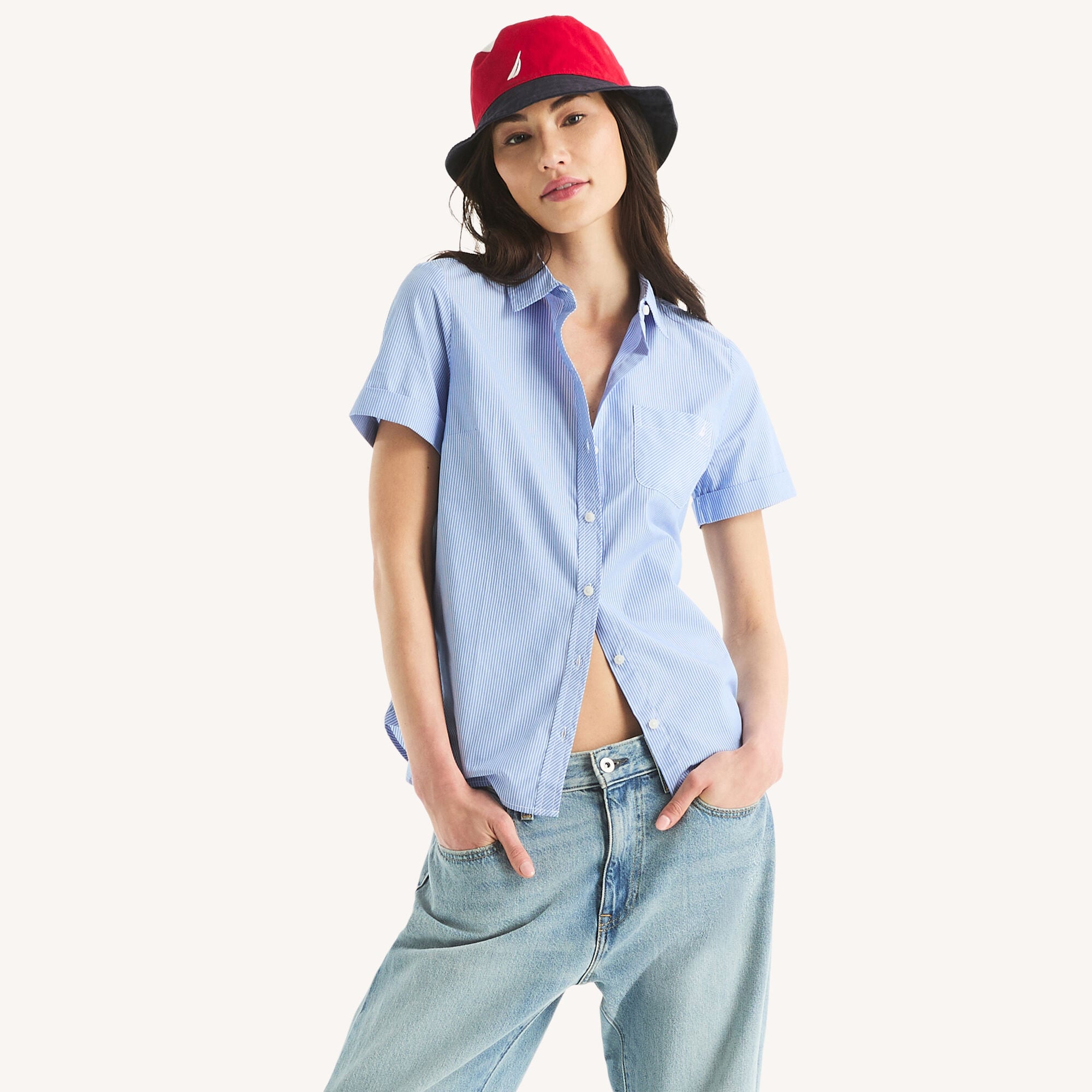 Nautica Women's Striped Button-Up Short-Sleeve Camp Shirt 434 (Tropic Wave), M