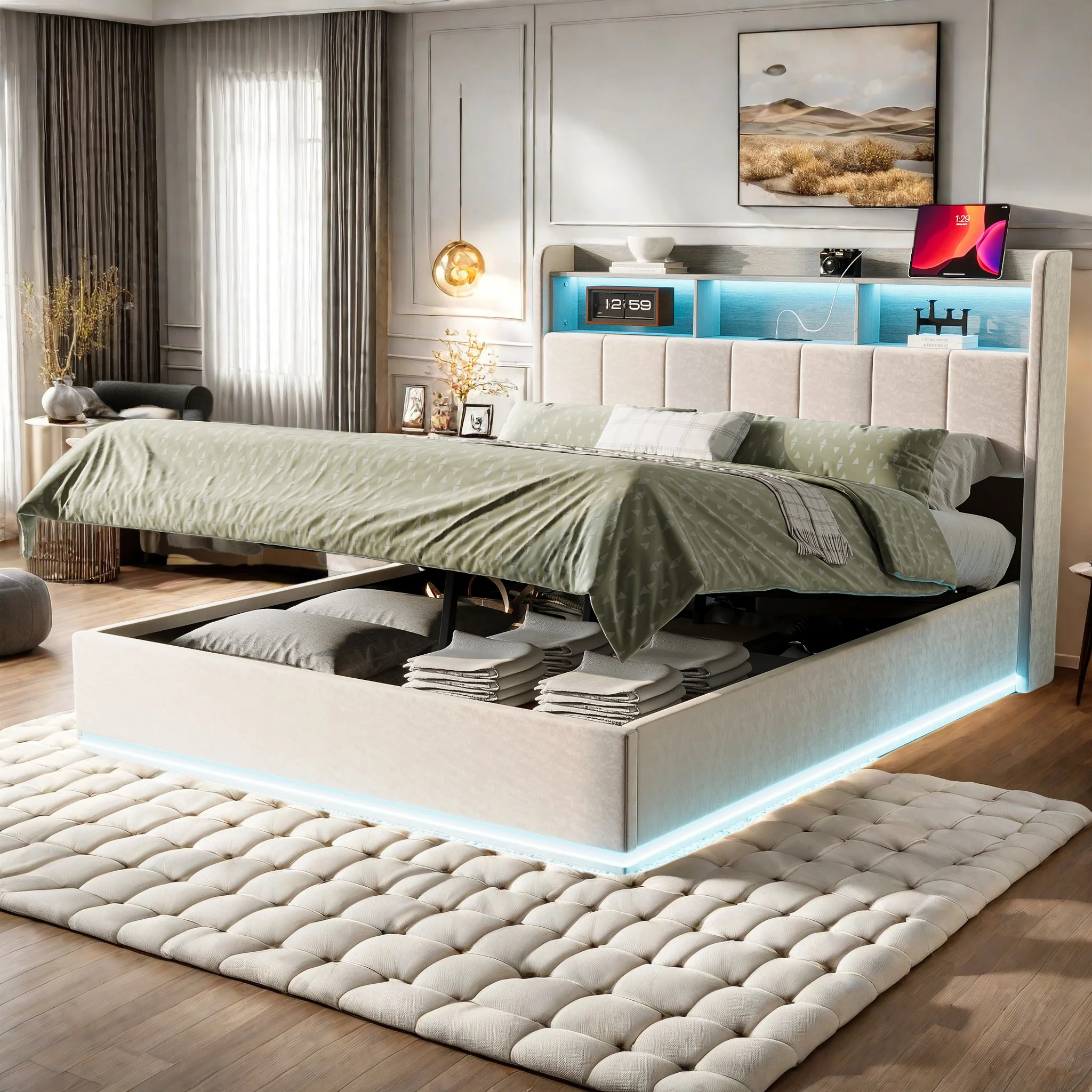 Rosahqnda Polsterbett 140x200 cm mit Stauraum, Doppelbett mit LED/USB, Stauraumbett mit Kopfteil, Jugendbett