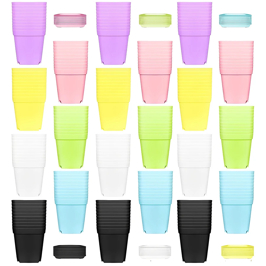 8 Stück farbige, stapelbare, quadratische Blumentöpfe aus Kunststoff mit Drainage-Unterschalen, Sukkulenten-Pflanzgefäße für Zuhause, Büro, Schreibtisch, Balkon, Dekoration Image