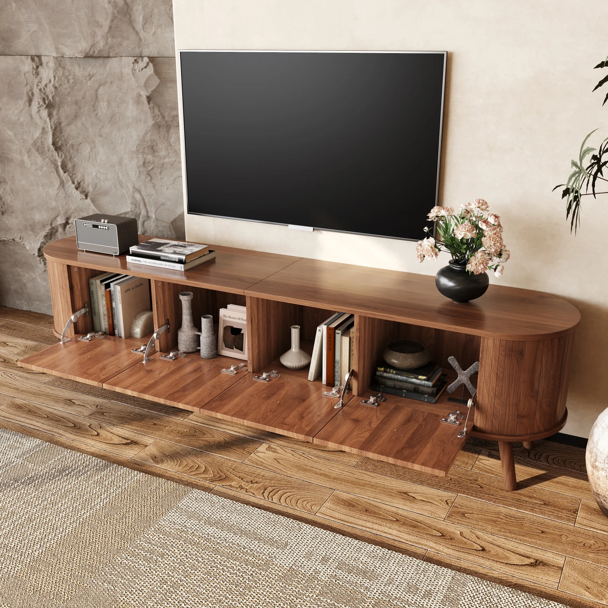 Moderner TV-Schrank, TV-Ständer, TV-Panel, niedriger TV-Ständer. Vier Schranktüren, goldene Griffe, Holzbeine, einzigartiges Design. 180 x 38 x 47 cm. Image