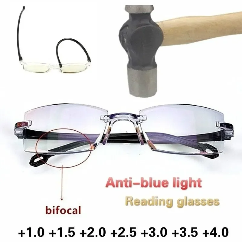 2 paar Neue Männer Frauen Randlose Lesebrille Anti Blau Licht Bifokale Weit In Der Nähe Vergrößerung Brillen Presbyopie Brille + 150 + 200 Image