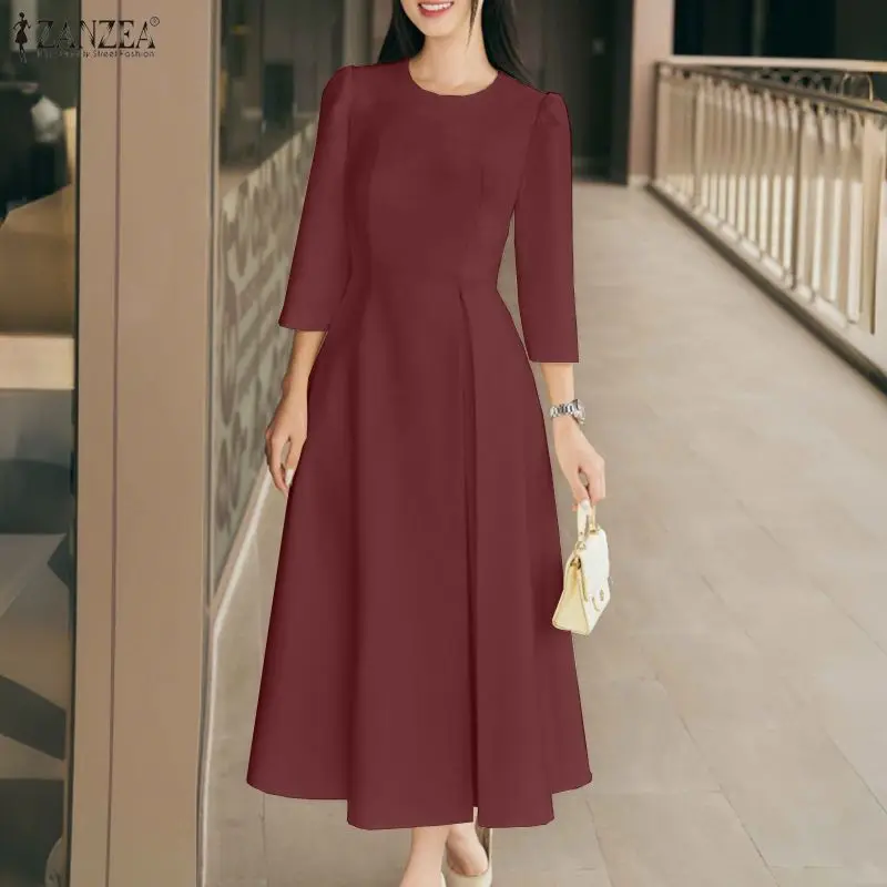 2026 ZANZEA Frühling Maxi Langes Kleid Tailliertes Sommerkleid Damen Mode Einfarbig A-Linie Partykleid Elegant O-Ausschnitt 3/4 Ärmel Bürokleid