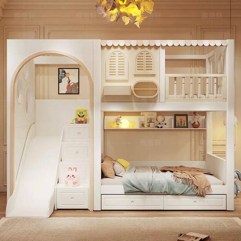 Kinderbett Mädchen zweistöckiges Vollmassivholzbett Hoher Geländer mit Breite Kleine Wohnung Rutsche Mutter- und Kinderbett Schloss Image