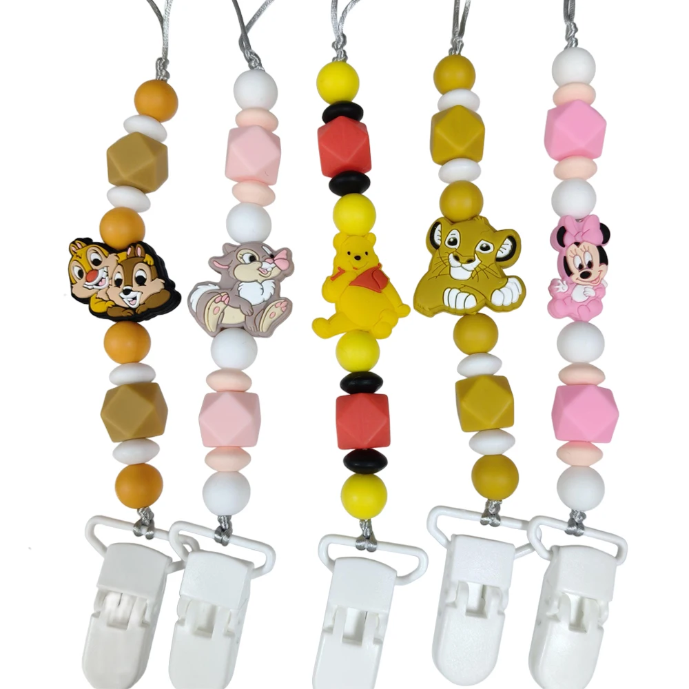1 Stück Marie Cat Dumbo Miss Bunny Simba Silikon-Fokalperlen-Schnullerkette mit Clips, Schnullerhalter, Beißkette Image