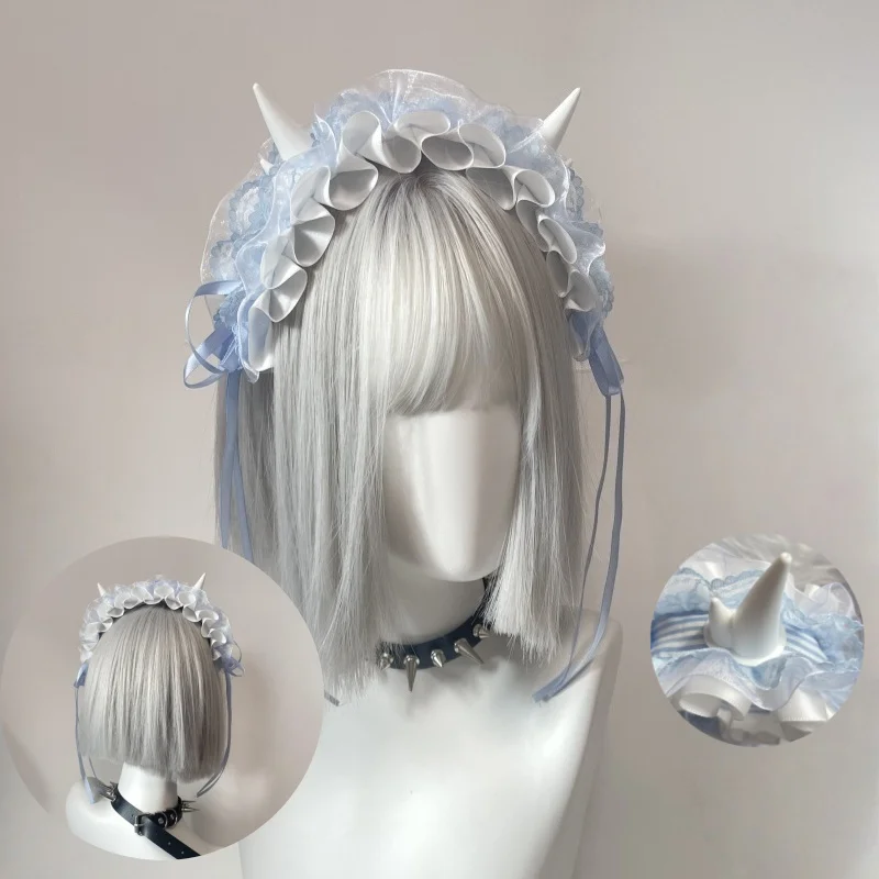 Neue Ankunft Gothic Subkultur Dämon Horn Stirnband Y2K Wasser Blau Spitze Bogen Kopfschmuck Flauschigen KC Süße Haar Zubehör