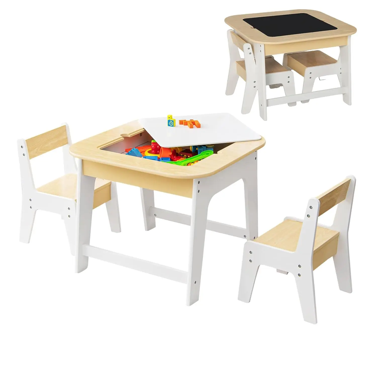 Kindertisch & Stuhl Set 3-teilig Doppelseitige Tischplatte mit Stauraum Kleinkind-Möbel für Kinderzimmer ab 3 Jahren, Individuell Anpassbar