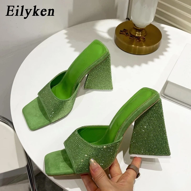 Eilyken Sommer KRISTALL Dreieck Starke Ferse Hausschuhe Sexy Straße Frau Quadratische Zehen Kleid Party Schuhe Größe 35-41