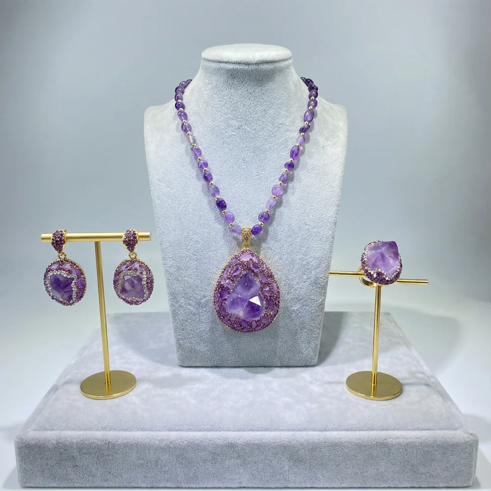 3-teiliges Schmuckset, großer roher Amethyst, Quarzkristall, Charm-Halskette, natürlicher Edelstein, Ohrringe, handgefertigter Schmuck für Frauen Image