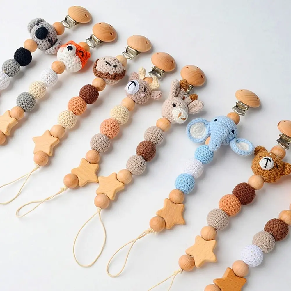 Hochwertige Cartoon-Beißringe aus Buchenholz mit Anti-Verlust-Schnullerclips, Niedliche Tier-Schnullerketten und Dummy-Halter Image