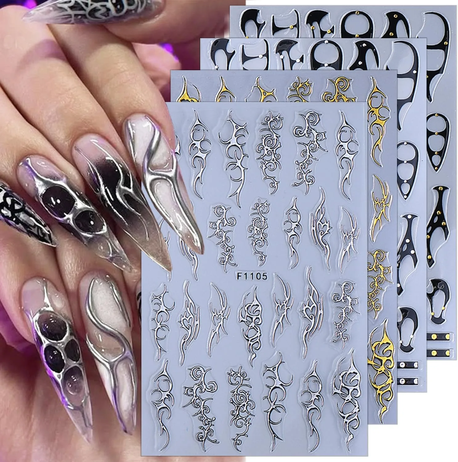 Gothic Nail Art Punk Gürtel Nagelaufkleber 3D selbstklebend Gold Silber Linie Nail Art Aufkleber Retro Dornen Flammenlinien Nageldesign Image