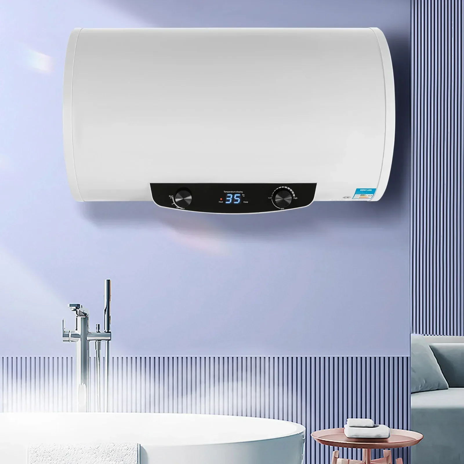 NEUESTER elektrischer flacher horizontaler intelligenter Warmwasserspeicherkessel mit Handbrause 50/80/120 Liter 2000 W 220 V (weiß, 120 l) Image