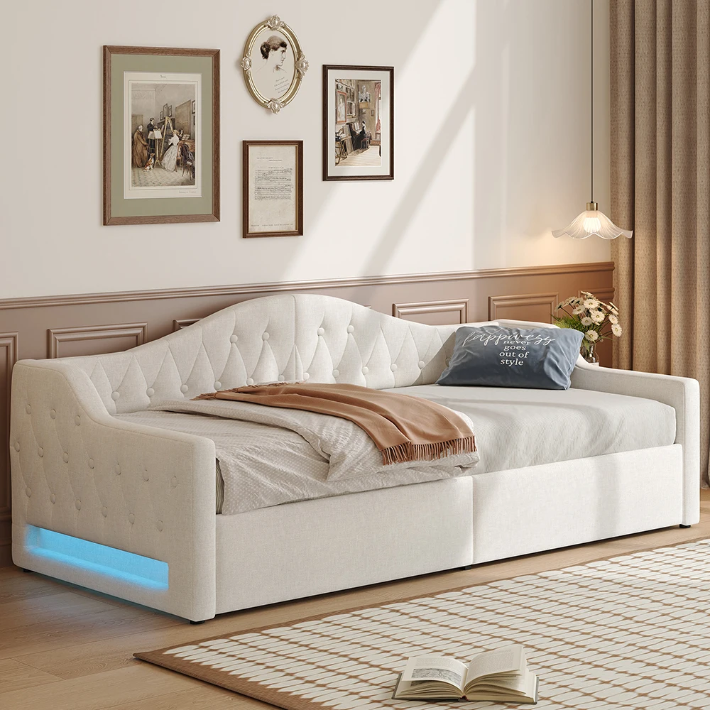 KOMHTOM Schlafsofa 90 x 200 cm, Tagesbett mit LED-Beleuchtung, Rückenlehne, Lattenrost und Stauraum, beige/grau (ohne Matratze) Image