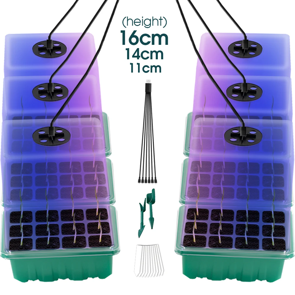 Rot, blau, 2-in-1-LED-Wachstumslicht, Samenkeimungsbox mit transparenter Abdeckung, Sämling-Startertabletts, Zimmerpflanzen, 3 Höhen Image