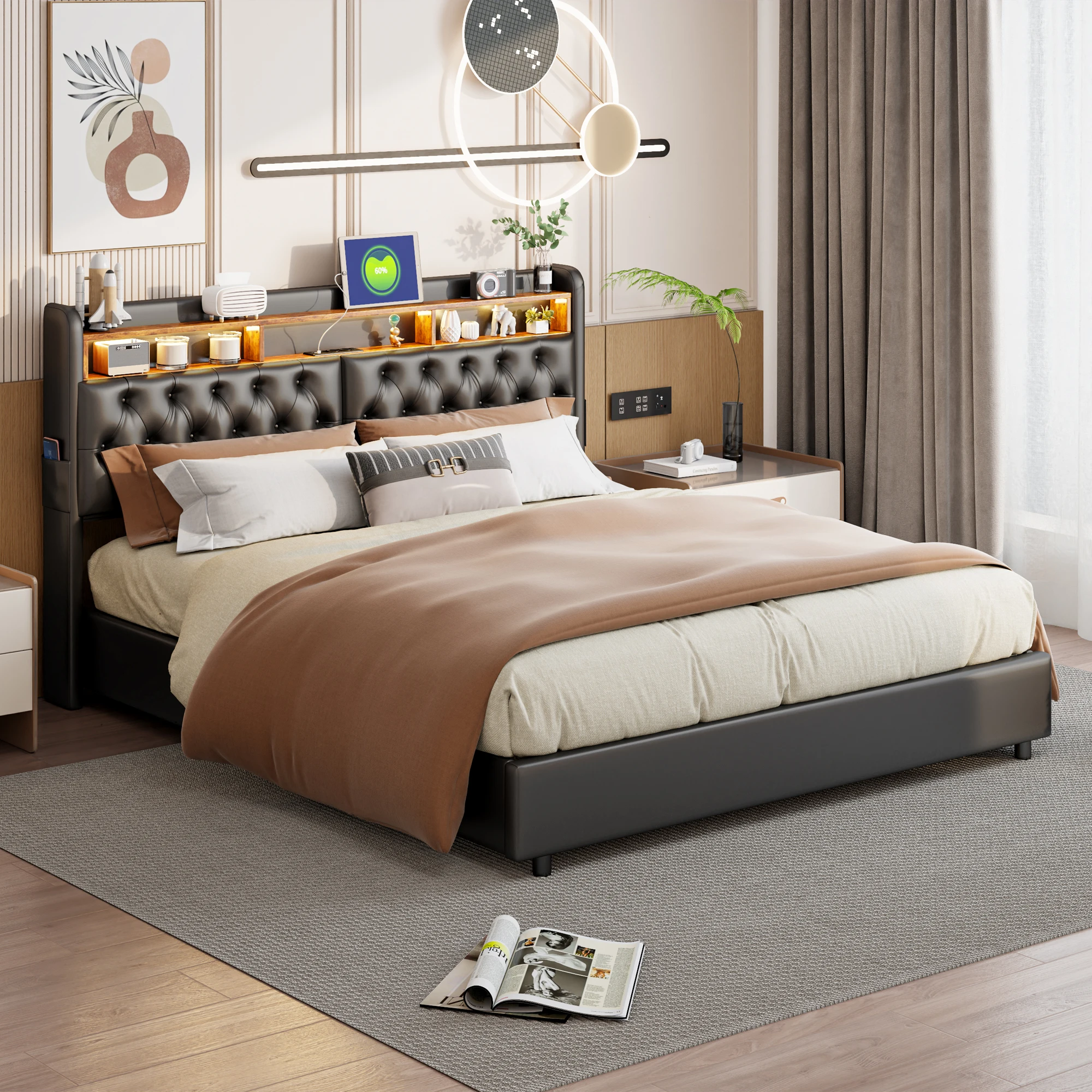 Superaly 180 x 200 cm großes Doppelbett, gepolsterter Bettrahmen, schwarzes PU-Bettkopfteil mit Lichtband und Staufach, hydraulisches Bett Image