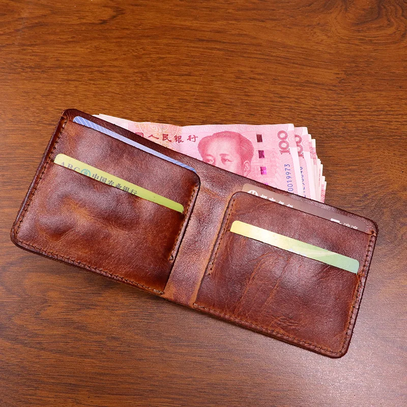 Geldbörse aus pflanzlich gegerbtem Leder im japanischen Stil für Herren, handgeriebene antike Vintage-Bifold-Brieftasche, minimalistische Studenten-Geldbörse
