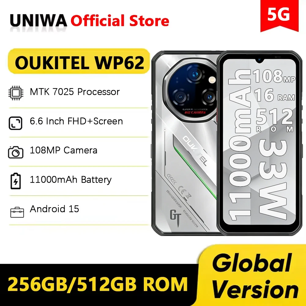 Oukitel WP62 5G Robustes Telefon MTK 7025 6,6 Zoll FHD+ 256 GB/512 GB ROM Mobiltelefon 11000 mAh Akku 108 MP NFC Smartphone Android 15 Image