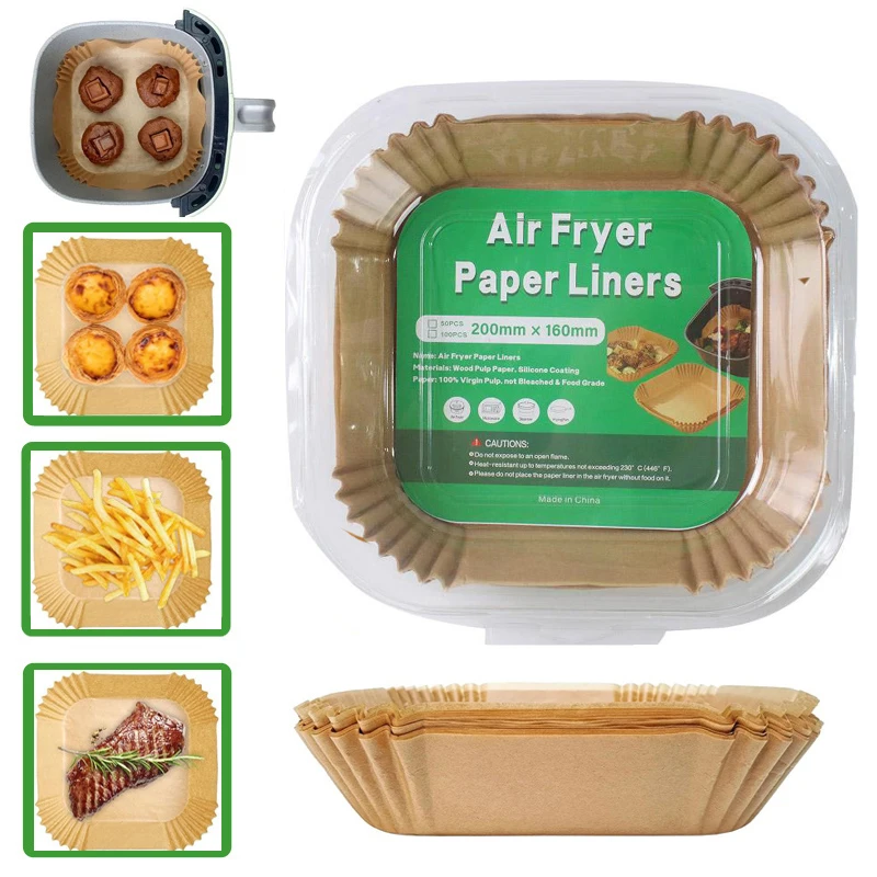 25/50/100PCS Einweg-Luftfritteuse aus Papier, antihaftbeschichtet, lebensmittelecht, Backeinlage, quadratisch, rund, rechteckig, ölbeständig, Mikrowelle, Grillunterlage Image