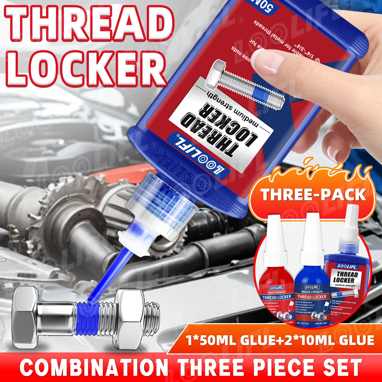 LOOLIFL Roter Schraubensicherungs-271-Schraubenkleber, permanenter, hochtemperaturbeständiger Klebstoff für Hochleistungs-Automobil- und Industriebefestigungen Image