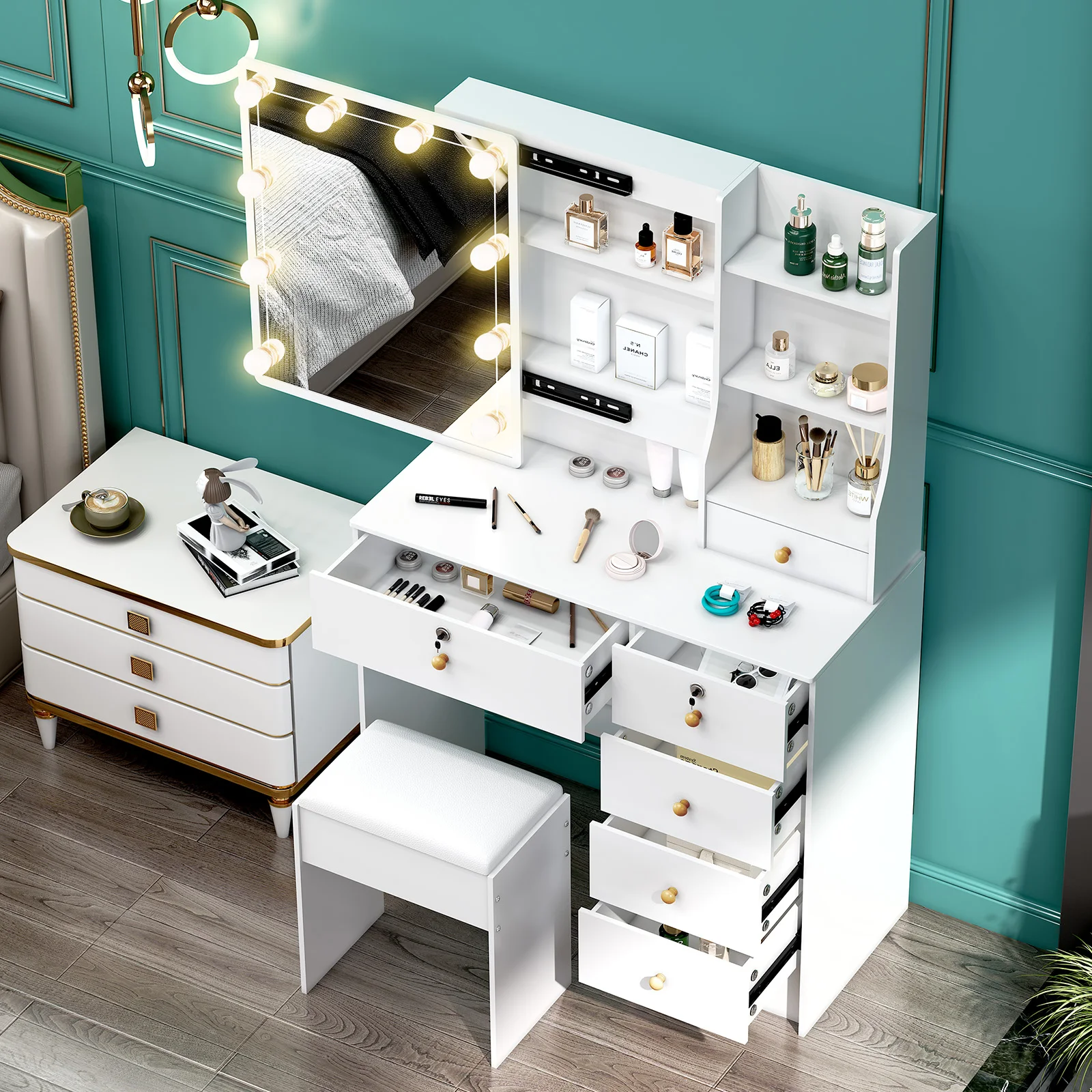 Weißer LED-Schminktisch-Set mit 6 Schubladen, Spiegel & Hocker, 3-farbig dimmbar, Touch-Steuerung, beleuchteter Schminktisch für Schlafzimmer