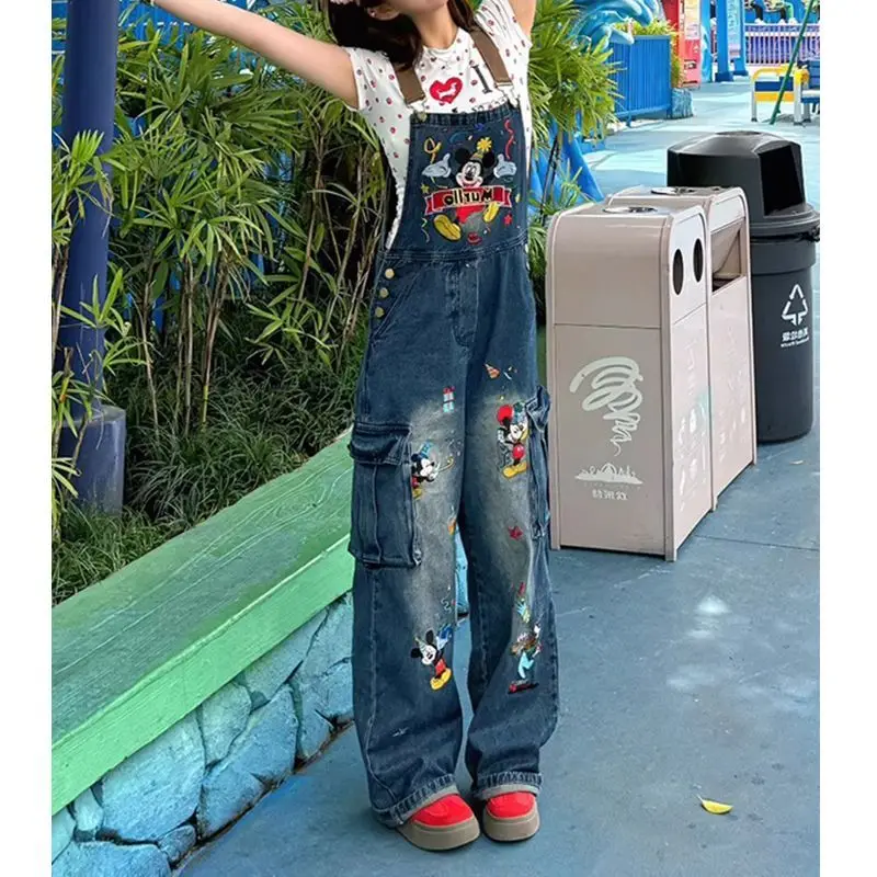Damen Sommer Neu Retro Blau Mickey Print Denim Overall Lockerer Gerader Schnitt Einteiler Designer-Stil Damenbekleidung Image