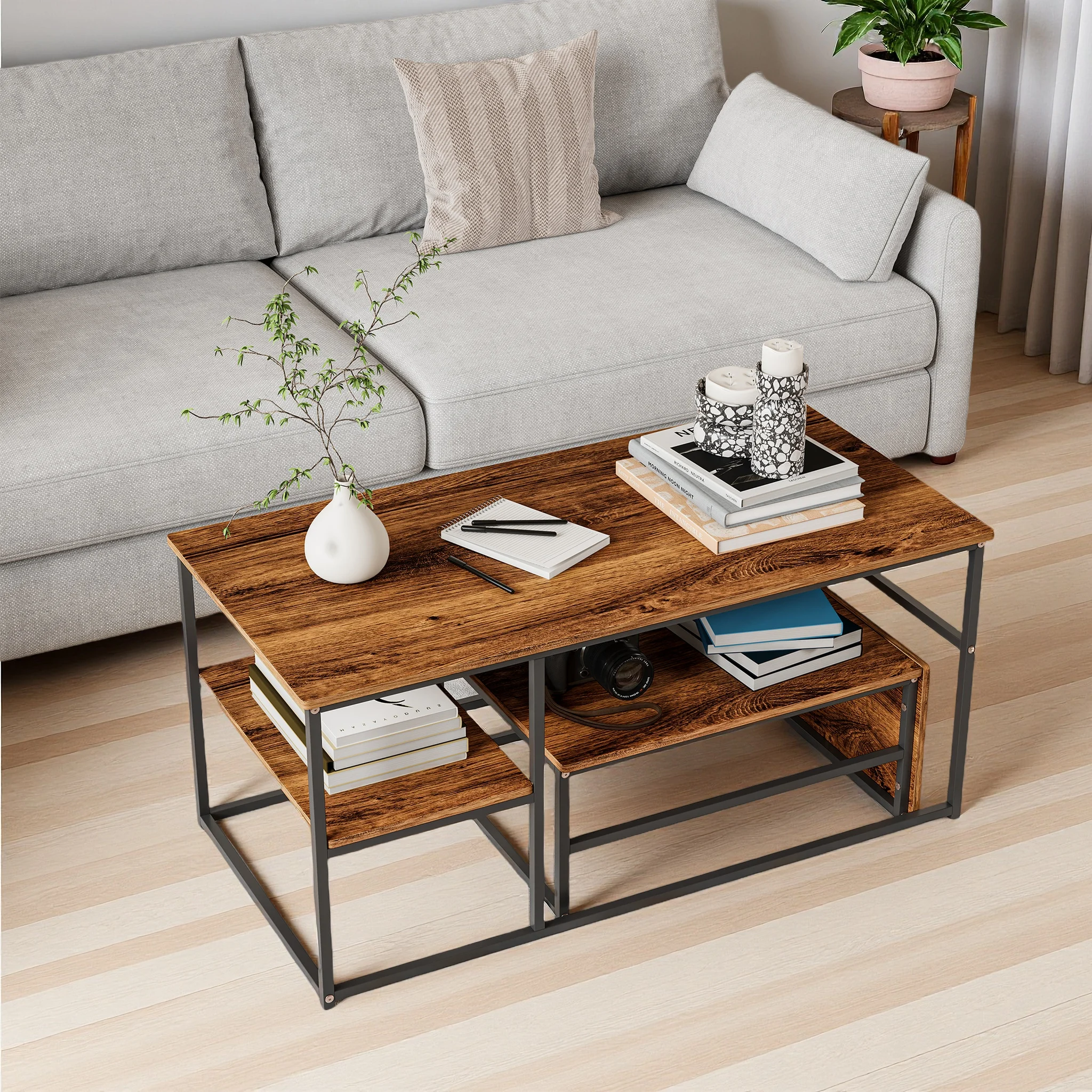 Superaly 2-teiliges Beistelltisch-Set, rechteckiger Couchtisch, ineinanderstellbarer Couchtisch mit Metallrahmen, für Wohnzimmer, Braun+Schwarz